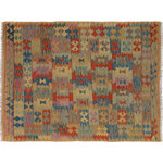 Bareens Designer Rugs - Tribal Turkish Kilim Marlon Hand-Woven Wool Rug - 5'0'' x 6'6'' - Elevate the elegance of your home with this stunning hand-woven tribal Kilim wool rug. Meticulously crafted on a loom by the Nomad Turkman people using hand-spun wool and 100% natural vegetable dyes, these rugs are recognized for their repetitive geometric patterns, incorporating naturalistic floral and traditional designs. The contemporary fashion palette results in bold, sharp patterns that are incredibly versatile, as the pattern is the same on both sides. These reversible rugs feature a lighter shade on one side and brighter colors on the other, providing versatility according to preference. These unique rugs are made by knotting short strands of different colors onto the warps and securing them by tightly pressing the wefts. The designs are created by interweaving the various colored wefts and warps. Kilims are known for their exceptional durability and versatility, making them truly unique rugs.  Product Details    Rug Size: 5'0'' x 6'6''  Material: 100% Wool  Style: Kilim, Flat Weave, Dhurrie, Turkish, Southwestern, Rustic, Tribal  Colors: Tan, Blue, Rust, Brown  Weave Type: Hand-Woven, Handmade  Pile Height: Less than 0.25 inch