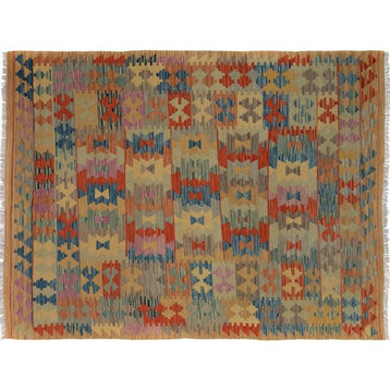Navaho Turkish Kilim Marlon Tan/Blue Wool Rug - 5'0'' x 6'6''