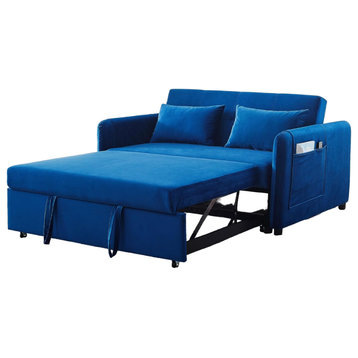 Sleeper Sofa, Soft Velvet Seat With Adjustable Back & Side Pocket, Blue