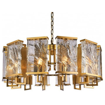 Brass Frame Chandelier With Clear Textured Crystal Plaques