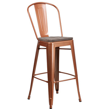 30" High Metal Barstool With Back and Wood Seat, Copper