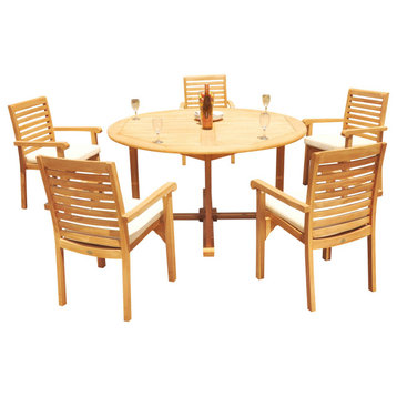 6-Piece Outdoor Teak Dining Set: 60" Round Table, 5 Hari Stacking Arm Chairs