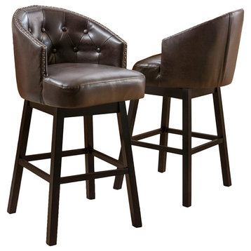 Set of 2 Bar Stool, Swiveling Design With Brown Bonded Leather Curved Seat
