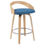 Armen Living - Sonia Swivel Counter Height Bar Stool With Blue and Patterned Oak - Add a touch of mid-century modern magic to your home with the Sonia Swivel Stool Collection ' a seamless blend of style, support, and smart functionality. Designed with comfort and versatility in mind, Sonia features a smooth 360-degree swivel that allows for easy conversation and effortless movement. Whether you're enjoying breakfast at the kitchen island or hosting guests at the bar, the Sonia makes every seat the best in the house. The curved low backrest is engineered for ergonomic support, with an open-back design that promotes breathability and modern visual appeal. The seat is generously padded with high-density foam and upholstered in a variety of elegant options ' including soft black velvet, textured blue performance fabric, or rich faux leather in neutral tones. Each variant is crafted for long-lasting comfort with easy-care convenience. Sonia's layered wood frame is available in multiple premium finishes ' choose from warm walnut, contemporary patterned oak, or sleek black wood finish ' offering timeless character to match a variety of decor themes. The sleek chrome footrest not only enhances the stool's silhouette but also provides practical support and style. Available in both counter height (26") and bar height (30"), the Sonia Swivel Stool fits effortlessly into a wide range of interiors, from retro-inspired kitchens to modern, minimalist bars. It's the perfect mix of comfort, design, and everyday function.