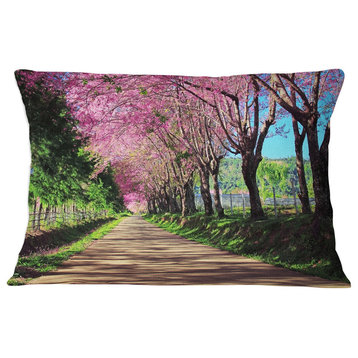 Cherry Blossom Pathway in Chiang Mai Landscape Printed Throw Pillow, 12"x20"