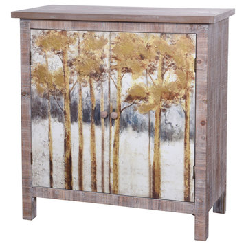 Painted Two Door Fir Wood Cabinet Natural Finish Tree Scene