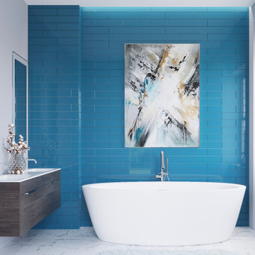 Turquoise Blue Subway Tiles In Modern Bathroom With Wood Vanity and Freestanding