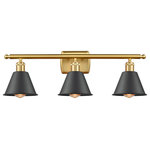 INNOVATIONS LIGHTING - Innovations 516-3W-SG-M8-BK 3-Light Bath Vanity Light, Satin Gold - Innovations 516-3W-SG-M8-BK 3-Light Bath Vanity Light Satin Gold. Collection: Ballston. Style: Industrial, Farmhouse, Restoration-Vintage. Metal Finish: Satin Gold. Metal Finish (Shade): Matte Black. Metal Finish (Canopy/Backplate): Satin Gold. Material: Steel, Cast Brass. Dimension(in): 10. 5(H) x 26(W) x 8(Ext). Bulb: (3)60W Medium Base,Dimmable(Not Included). Maximum Wattage Per Socket: 100. Voltage: 120. Color Temperature (Kelvin): 2200. CRI: 99. 9. Lumens: 220. Glass or Metal Shade Color: Matte Black. Shade Material: Metal. Shade Shape: Cone. Metal Shade Description: Matte Black Smithfield. Shade Dimension(in): 6. 5(W) x 4. 5(H). Fitter Measurement (Glass Or Metal Shade Fitter Size): Neckless with a 2. 125 inch Hole. Backplate Dimension(in): 4. 5(H) x 6(W) x 0. 75(Depth). ADA Compliant: No. California Proposition 65 Warning Required: Yes. UL and ETL Certification: Damp Location.