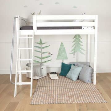 White Twin Mid Loft Bed with Customizable Ladder