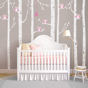 Birch Tree With Owl Wall Decals, Gray and Pink, 108"