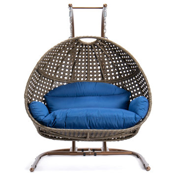 LeisureMod Wicker Hanging Double Egg Swing Chair , Blue, EKDBG-57BU