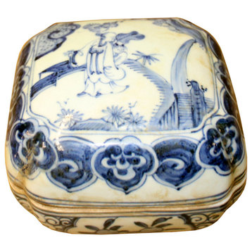 Chinese Blue White Porcelain Scenery Accent Square Box Display Hws874