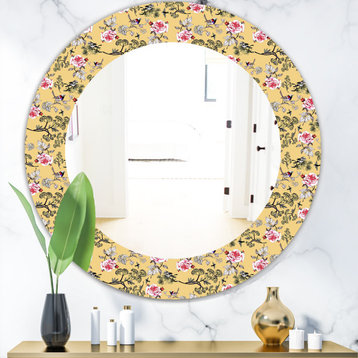 Designart Floral And Birds in Yellow Frameless Oval Or Round Wall Mirror, 32x32