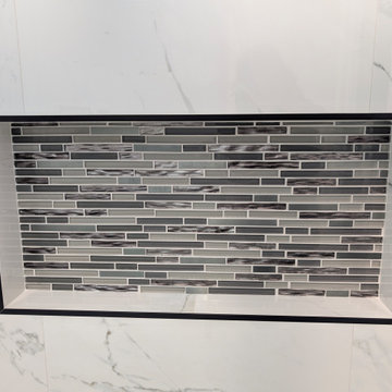 Modern Bright Monochromatic Tub & Shower Remodel with Calacatta Porcelain Tile