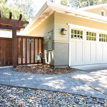 Custom garage door and redwood gate and trellis