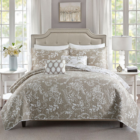 LA Boheme 5 Piece Printed Bed Spread Set, Taupe, Oversize King