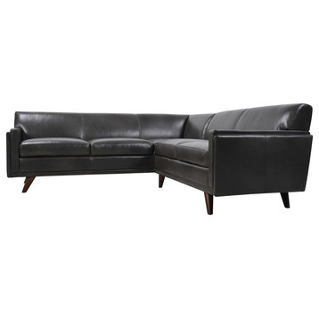 Milo Full Leather Mid-Century Corner Sofa Sectional, Charcoal