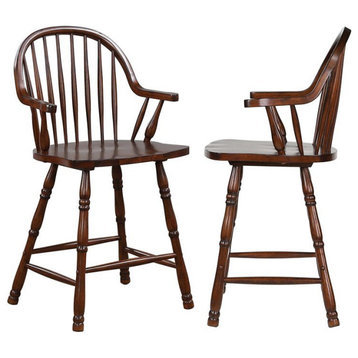 Sunset Trading Andrews 24" Windsor Wood Barstools with Arms in Brown (Set of 2)