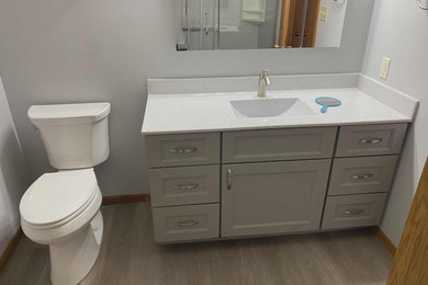 Inspiration for a mid-sized transitional master single-sink bathroom remodel in Other with shaker cabinets, gray cabinets, marble countertops and a built-in vanity