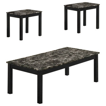 Benzara BM233098 3 Piece Coffee Table/End Table With Faux Marble Top, Black
