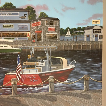 New England Harbor Town Mural, hand painted throughout a lower level