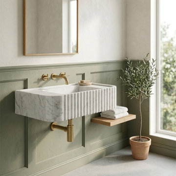 Carrara White Marble Fluted Wall-Mount Sink - 28"x16"x6" - Honed