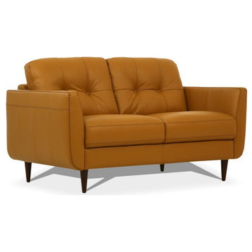 Bowery Hill Modern Tufted Leather Loveseat with Flared Arms in Caramel