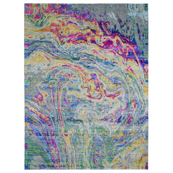 THE LAVA, Colorful Sari Silk With Textured Wool Hand Knotted Rug, 8'9" x 11'9"