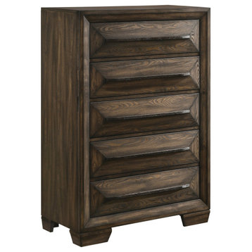 Vertical Dresser, 5 Geometric Accented Drawers With Bar Pulls, Rustic Chestnut