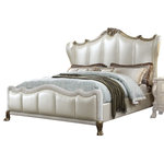 iHome Studio - Scarlet Ornamental Baroque Standard Bed, Pearl White Gold Patina, Cal King - The Scarlet bedroom collection is exclusively designed and filled with romantic spirit. A piece crafted and inspired by the luxurious designs of the past, this gorgeous bed features a stunning champagne PU headboard and footboard with nail head trim and an elegant gold patina accent finish. Expertly detailed, this gorgeous bed features a tufted headboard with elaborate carvings on its wood frame.