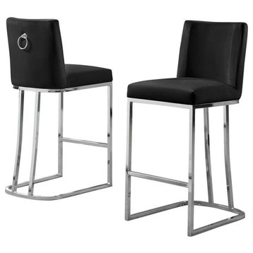 Velvet Counter Height Chairs in Black Velvet and Silver Chrome (Set of 2)