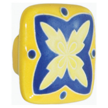 Square Ceramic X Knob, Yellow and Blue