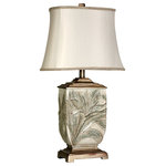 StyleCraft Home Collection - Bellevue Table Lamp White With Brass Accents Finish Ivory Fabric - A chic natural touch with a vintage inspiration, the Bellevue table lamp is made with brass accents and soft tones to accent a variety of decorative motifs. Crafted with expert care, it features a gently curved base in a classic urn shape with square edges and leaf pattern relief detailing. This base is topped with a squared fabric hardback shade for a tall profile and vintage style.