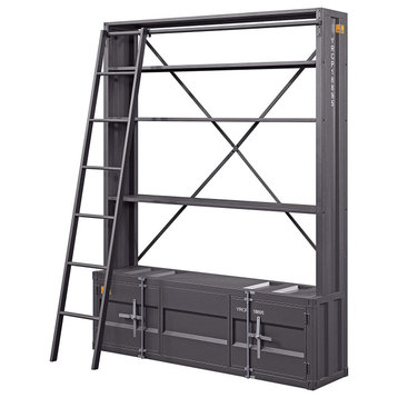 Bookcase, Cargo Design With 4 Open Shelves & Removable Ladder, Gunmetal Finish