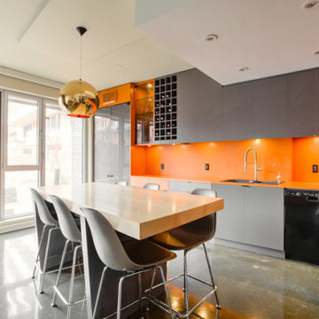 Modern Orange Custom Kitchen with Matte Grey Cabinets & Integrated Storage | Edm