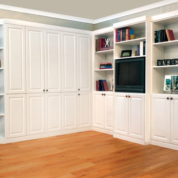 Hidden white murphy bed with bi-fold doors and media area