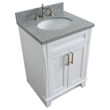 25" Single Sink Vanity, White Finish With Gray Granite And Oval Sink