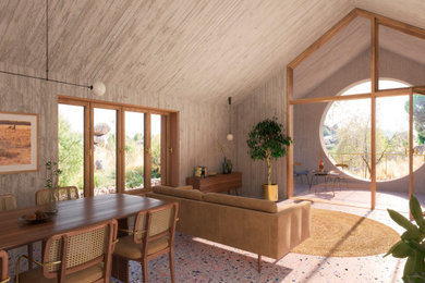 Diseño de salón abierto campestre de tamaño medio sin televisor con paredes grises y suelo multicolor