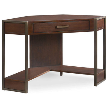 Corner Desk, Bronze Legs With Lower Shelf and Drop Front Lid, Walnut