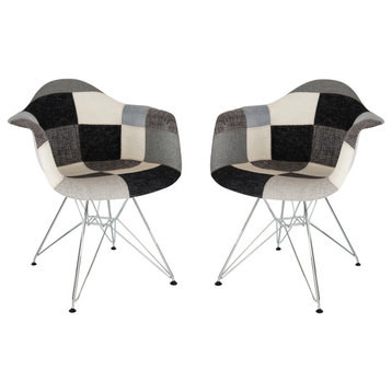 LeisureMod Willow Fabric Accent Chair Chrome Eiffel Base, Set of 2, Patchwork