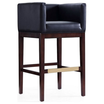Mid Century Modern Bar Stool, Wooden Frame With Faux Leather Seat, Walnut/Black