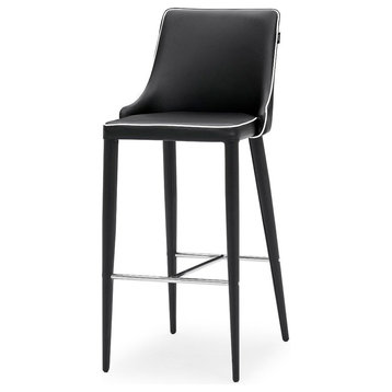 Jillian Black with White Piping Leatherette Bar Stool with Stainless Steel Base