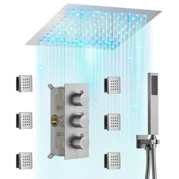 LED Shower System High Pressure Shower Head with 3-Way Thermostatic Valve, Brushed Nickel, 12", 6 Body Jets