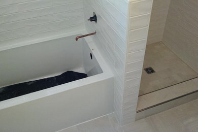 Mid-sized master white tile and ceramic tile porcelain tile bathroom photo in Minneapolis with a one-piece toilet