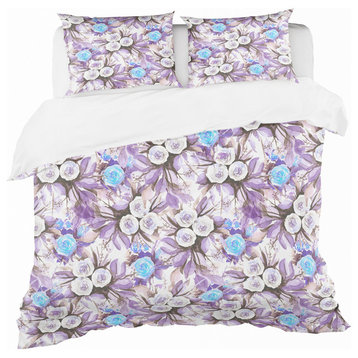 Purple Blue and White in Vintage Flower Traditional Duvet Cover, Twin