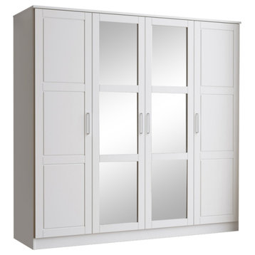 100% Solid Wood Cosmo 4-Door Wardrobe/Armoire/Closet, White-Mirror