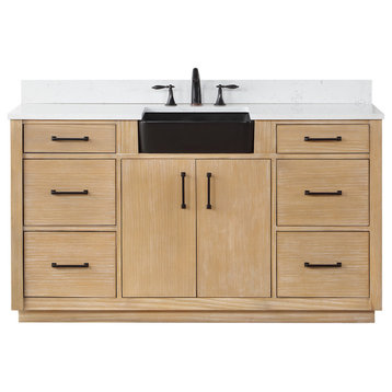Novago Bath Vanity with Aosta White Countertop and Farmhouse Sink, Weathered Pine, 60s Inch, N/Mirror