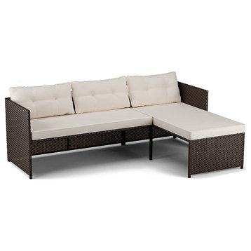 Patio L-Shaped Sofa, Brown Rattan Frame With Cream Cushions and Tufted Backrest