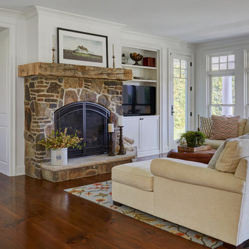 Masonry Fireplace with Reclaimed Mantle