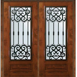 Pre-hung Double Door 80 Wood Alder Barcelona 3/4 Lite Wrought Iron - Front Doors
